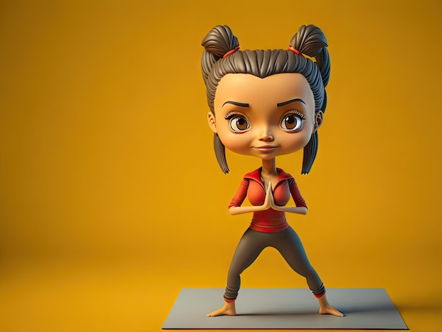 Photo cute 3d yoga woman character on yellow background ai generative