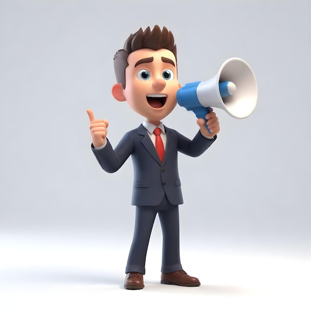 Cute 3d young businessman character standing making announcement through a megaphone on white backgr