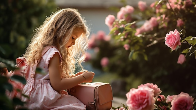 写真 庭に座っているピンクのドレスを着た可愛い5歳の女の子