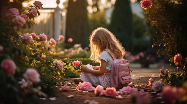 핑크색 드레스를 입은 귀여운 5살 소녀가 정원에서 앉아 있다