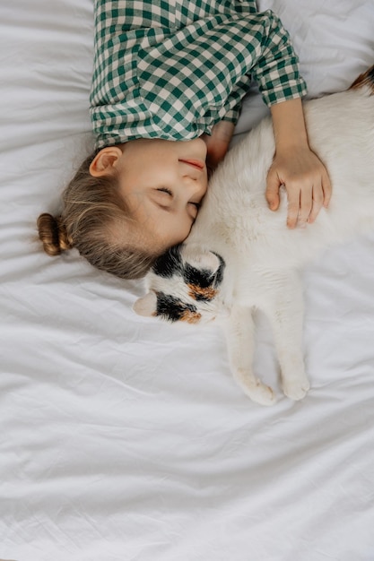 6歳の可愛い女の子がベッドにふわふわな猫の隣で甘く眠りについた 白いベッドで猫と一緒に眠る子供