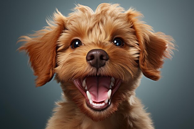 Cute abricot or red Labradoodle puppy lying on its side with its deepset dazzling eyes fixated o