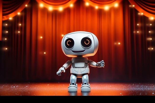 Cute actor robot rehearsing on stage