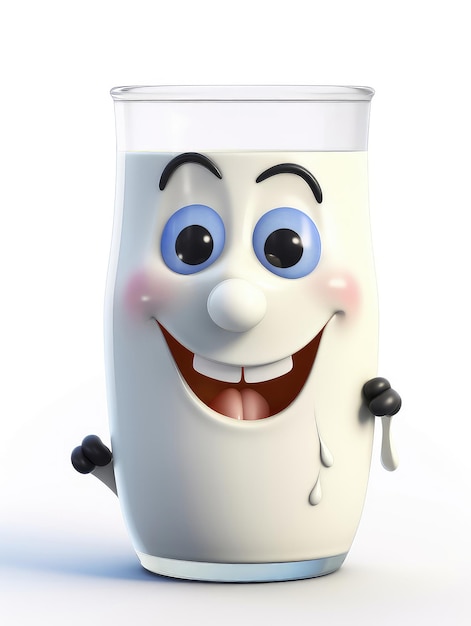 Cute adorable 3D cartoon character glass of milk smiling with big eyes isolated on white