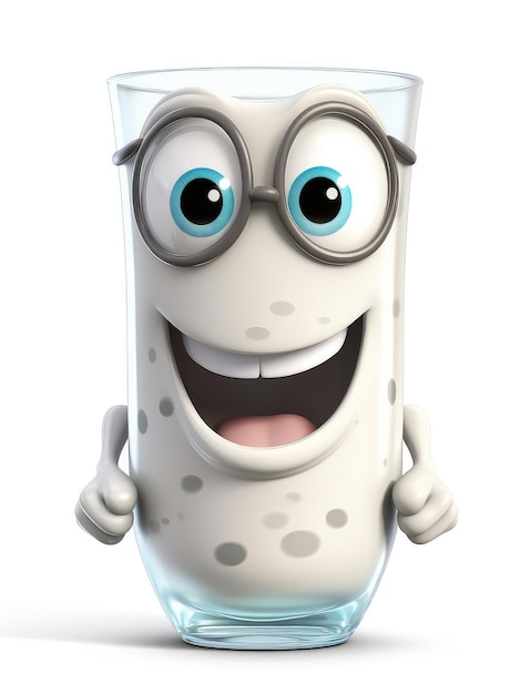 Cute adorable 3D cartoon character glass of milk smiling with big eyes isolated on white