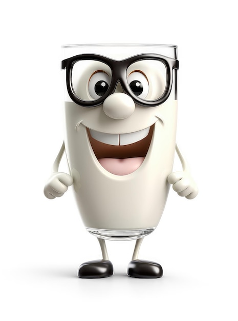 Милый очаровательный 3D персонаж мультфильма стакан молока, улыбающийся с большими глазами, изолированными на белом