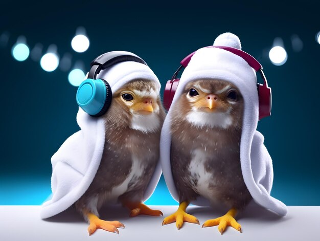 Cute and adorable baby birds with earphones in head