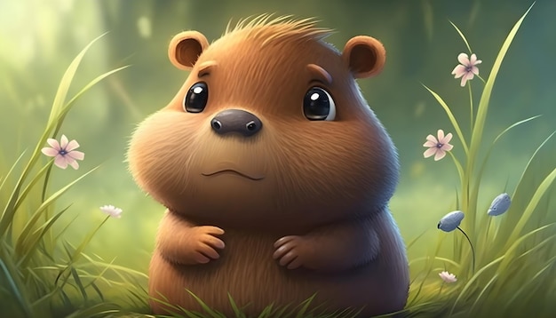 A cute adorable baby capybara rendered in the style of childrenfriendly cartoon animation fantasy style generative ai