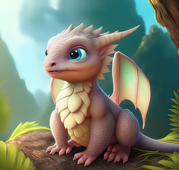 A cute adorable baby dragon lizard 3D Illustation stands in nature in the style of childrenfriendly cartoon animation fantasy style