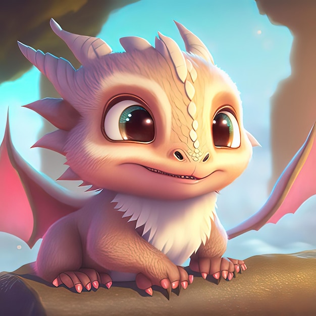 Милая очаровательная детская ящерица-дракон 3D Illustation стоит на природе в стиле детской мультипликации в стиле фэнтези.