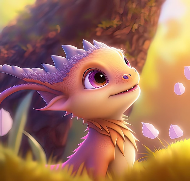 A cute adorable baby dragon lizard 3d illustation stands in\
nature in the style of childrenfriendly cartoon animation fantasy\
style