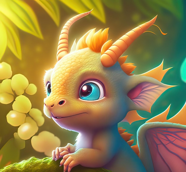 A cute adorable baby dragon lizard 3D Illustation stands in nature in the style of childrenfriendly cartoon animation fantasy style