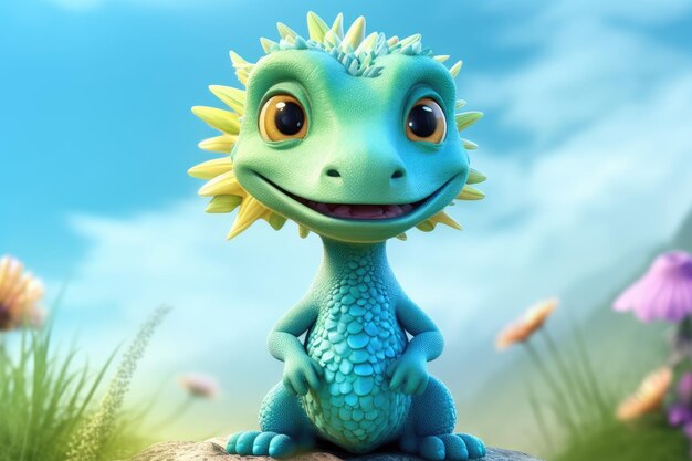 A cute adorable baby dragon lizard 3d illustration stands in nature