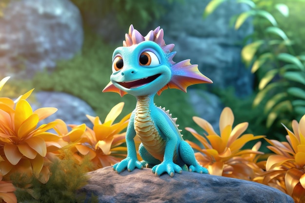a cute adorable baby dragon lizard 3D Illustration stands in nature