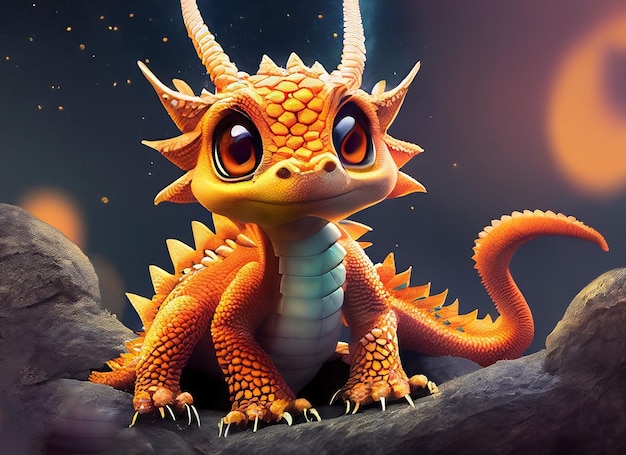 A cute adorable baby dragon stands in nature by night with light in the style of childrenfriendly cartoon animation fantasy 3D style Illustration created by AI