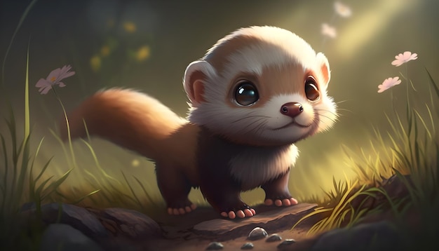 A cute adorable baby ferret rendered in the style of childrenfriendly cartoon animation fantasy style generative ai