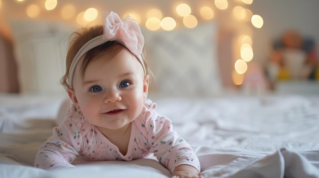 Foto una bambina adorabile sdraiata sul letto.