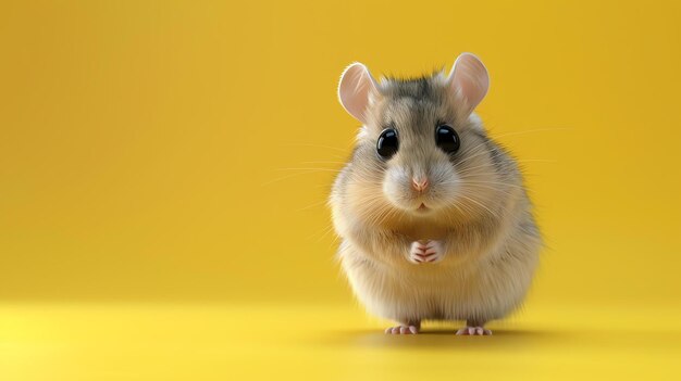 A cute and adorable baby hamster with big round eyes and a fluffy tail standing on its hind legs and looking up at the camera with a curious expressi