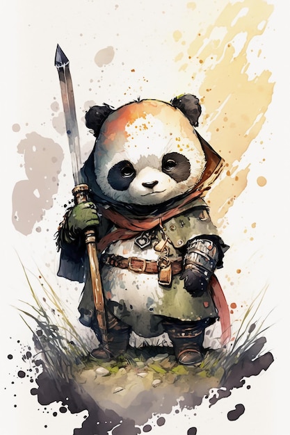 Cute adorable baby panda samurai looking at camera watercolor