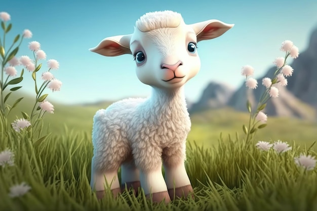 милая очаровательная овечка, выполненная в стиле детской мультипликационной анимации