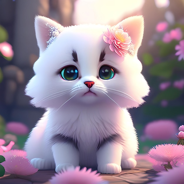 adorable tiny white cat, crouching, playful, happy, kawaii style