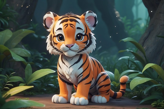 Photo a cute adorable baby tiger rendered in the style of childrenfriendly cartoon animation fantasy style generative ai