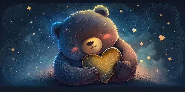 귀엽고 사랑스러운 곰이 밤하늘 별 베개 사이에서 자고 있습니다.