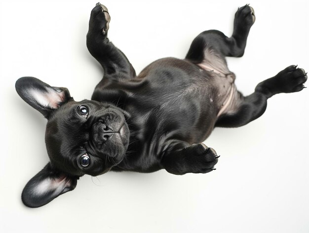 Cute and adorable black french bulldog lying on his back on white background top view photograph