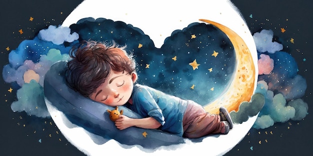 A cute and adorable boy is sleeping under night sky between stars pillow