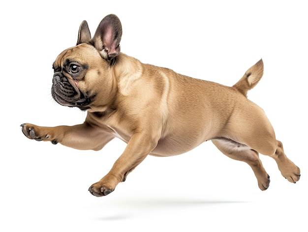 Cute and adorable brown french bulldog running on white background side view photograph studio shot
