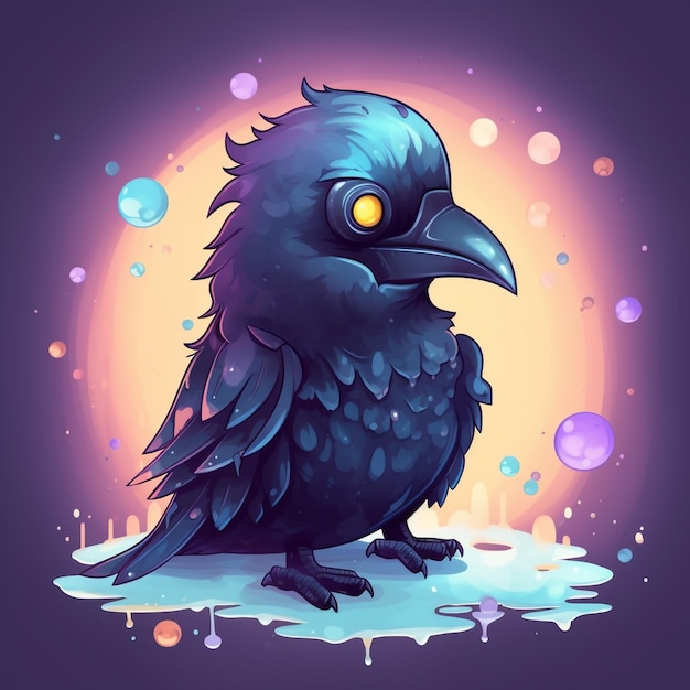 Cute and adorable cartoon crow fantasy dreamlike surreading