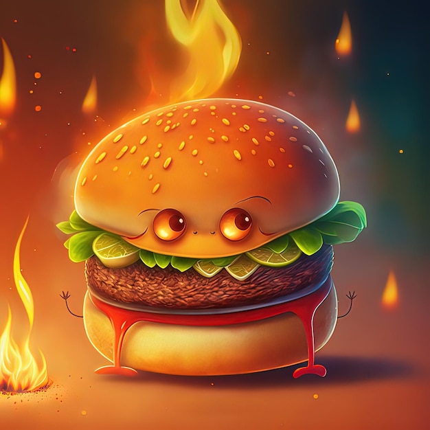 Cute adorable cartoon hamburger in flame digital art style illustration painting