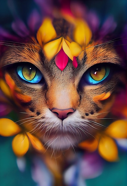 花とキュートで愛らしい猫の顔