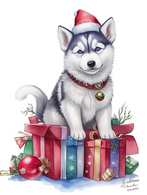 A cute adorable Christmas husky puppy wearing a water color