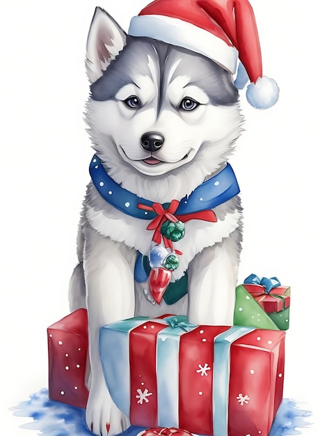 A cute adorable Christmas husky puppy wearing a water color