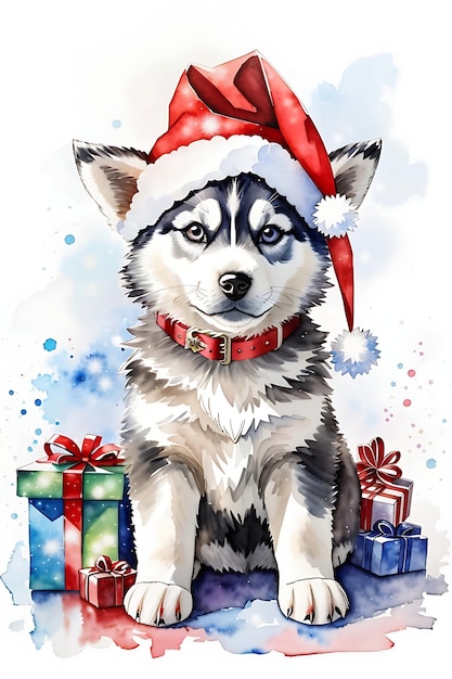 A cute adorable Christmas husky puppy wearing a water color