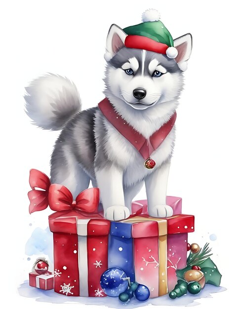 A cute adorable Christmas husky puppy wearing a water color