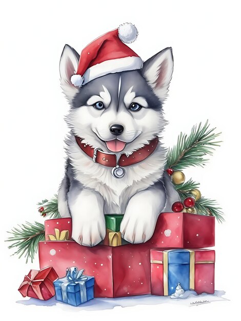 A cute adorable Christmas husky puppy wearing a water color