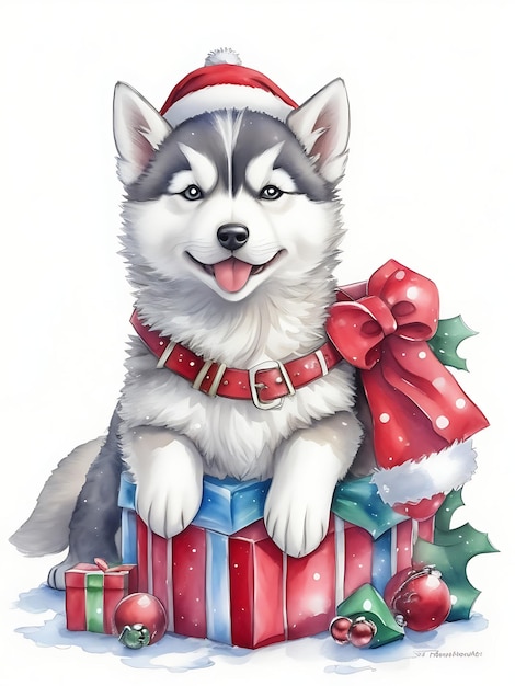 A cute adorable Christmas husky puppy wearing a water color