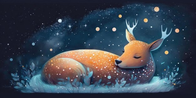 A cute and adorable deer is sleeping under night sky between stars pillow