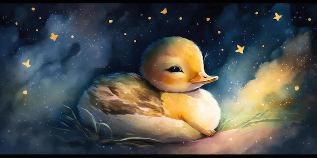 A cute and adorable ducking is sleeping under night sky between stars pillow