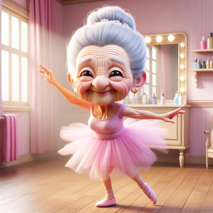 Photo cute adorable elderly cartoon lady dancing ballet with pink tutu