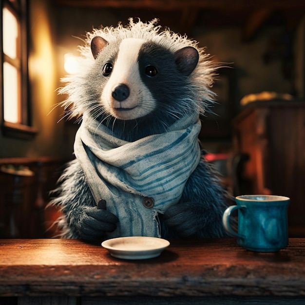 Cute adorable fluffy skunk in knitted blue scarf drinking tea