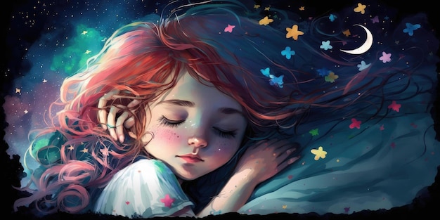 A cute and adorable girl is sleeping under night sky between stars pillow