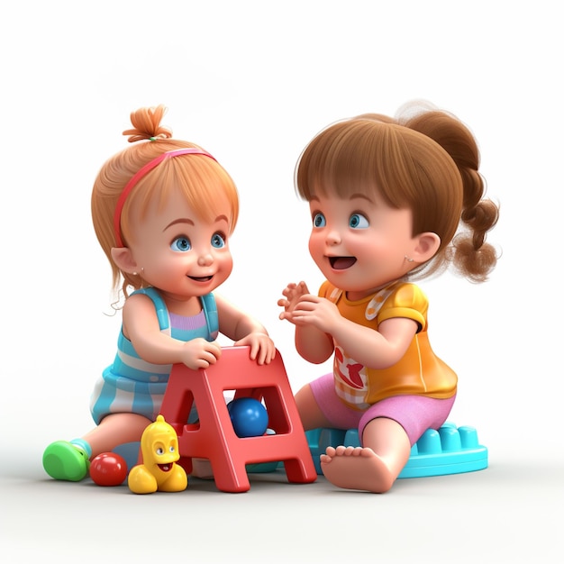 Cute Adorable Girls Kids Playing Together White Background