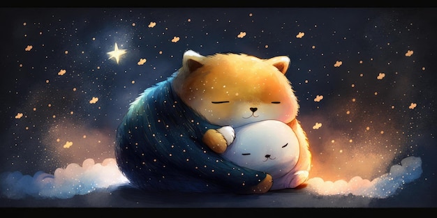 A cute and adorable kitten is sleeping under night sky between stars pillow