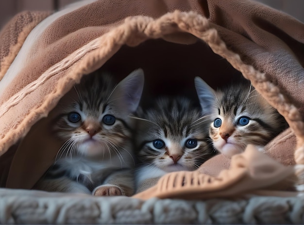 Cute adorable kittens are cuddled up together in a cozy blanket fort