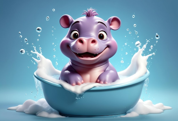 Cute and adorable little baby hippopotamus taking bath in bathtub Generative AI