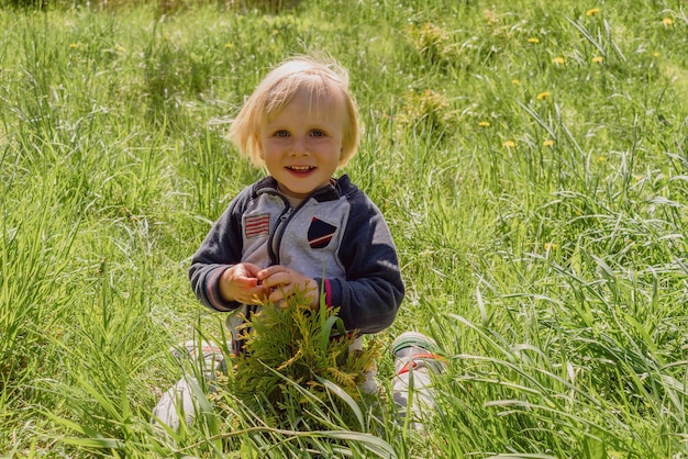 Cute adorable little caucasian kid toddler boy having fun sitting on green grass lawn at home yard gardenChild on lawn in backyard Happy childhood children's healthcare serenity concept