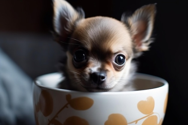 Cute adorable little chihuahua dog puppy in a cup closeup nice lovely pet